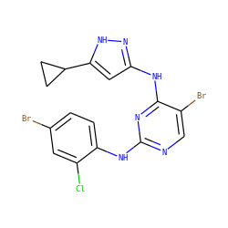 Clc1cc(Br)ccc1Nc1ncc(Br)c(Nc2cc(C3CC3)[nH]n2)n1 ZINC000203007010