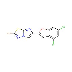 Clc1cc(Cl)c2cc(-c3cn4nc(Br)sc4n3)oc2c1 ZINC000653677676