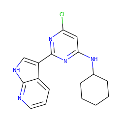 Clc1cc(NC2CCCCC2)nc(-c2c[nH]c3ncccc23)n1 ZINC000063298131