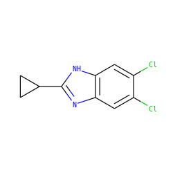 Clc1cc2nc(C3CC3)[nH]c2cc1Cl ZINC000031943956
