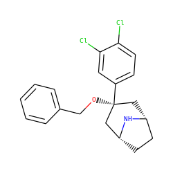 Clc1ccc([C@@]2(OCc3ccccc3)C[C@@H]3CC[C@H](C2)N3)cc1Cl ZINC000101300690