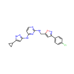 Clc1ccc(-c2cc(CNc3nccc(Nc4cc(C5CC5)[nH]n4)n3)on2)cc1 ZINC000203005563