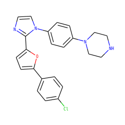 Clc1ccc(-c2ccc(-c3nccn3-c3ccc(N4CCNCC4)cc3)o2)cc1 ZINC000299826765