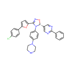 Clc1ccc(-c2ccc(C3=NO[C@H](c4cnc(-c5ccccc5)nc4)N3c3ccc(N4CCNCC4)cc3)o2)cc1 ZINC000084710699
