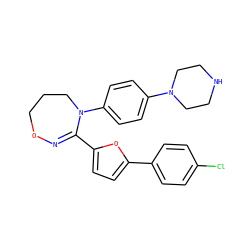 Clc1ccc(-c2ccc(C3=NOCCCN3c3ccc(N4CCNCC4)cc3)o2)cc1 ZINC000084711599