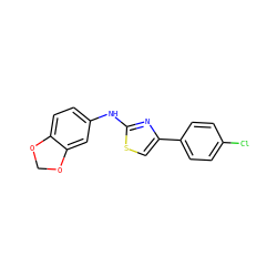 Clc1ccc(-c2csc(Nc3ccc4c(c3)OCO4)n2)cc1 ZINC000000440688