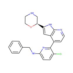 Clc1ccc(NCc2ccccc2)nc1-c1ccnc2[nH]c([C@@H]3CNCCO3)cc12 ZINC000220164300