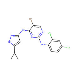 Clc1ccc(Nc2ncc(Br)c(Nc3cc(C4CC4)[nH]n3)n2)c(Cl)c1 ZINC000203007733