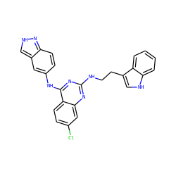 Clc1ccc2c(Nc3ccc4n[nH]cc4c3)nc(NCCc3c[nH]c4ccccc34)nc2c1 ZINC001772615597