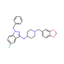 Clc1ccc2c(c1)c(NC1CCN(Cc3ccc4c(c3)OCO4)CC1)nn2Cc1ccccc1 ZINC000028529521