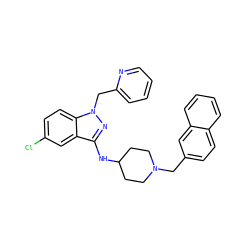 Clc1ccc2c(c1)c(NC1CCN(Cc3ccc4ccccc4c3)CC1)nn2Cc1ccccn1 ZINC000028530402