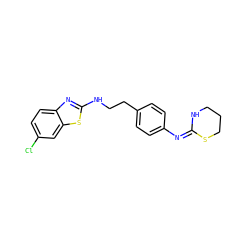 Clc1ccc2nc(NCCc3ccc(/N=C4\NCCCS4)cc3)sc2c1 ZINC000049089202