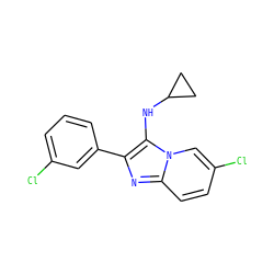 Clc1cccc(-c2nc3ccc(Cl)cn3c2NC2CC2)c1 ZINC000207083405