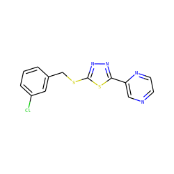 Clc1cccc(CSc2nnc(-c3cnccn3)s2)c1 ZINC000095576174