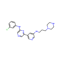 Clc1cccc(Nc2cncc(-c3cncc(NCCCN4CCNCC4)c3)n2)c1 ZINC000022933855