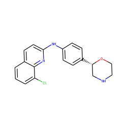 Clc1cccc2ccc(Nc3ccc([C@H]4CNCCO4)cc3)nc12 ZINC000150016037