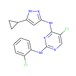 Clc1ccccc1Nc1ncc(Cl)c(Nc2cc(C3CC3)[nH]n2)n1 ZINC000203003891