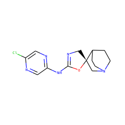 Clc1cnc(NC2=NC[C@@]3(CN4CCC3CC4)O2)cn1 ZINC000140116916