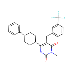 Cn1c(=O)[nH]c([C@H]2CC[C@@H](c3ccccc3)CC2)c(Cc2cccc(C(F)(F)F)c2)c1=O ZINC000254132497