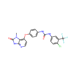 Cn1c(=O)[nH]c2nccc(Oc3ccc(NC(=O)Nc4ccc(Cl)c(C(F)(F)F)c4)cc3)c21 ZINC000040939090