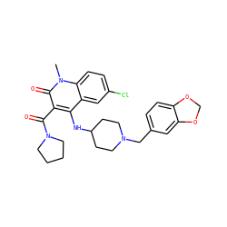 Cn1c(=O)c(C(=O)N2CCCC2)c(NC2CCN(Cc3ccc4c(c3)OCO4)CC2)c2cc(Cl)ccc21 ZINC000036351518