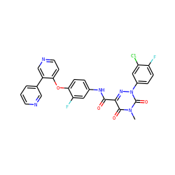 Cn1c(=O)c(C(=O)Nc2ccc(Oc3ccncc3-c3cccnc3)c(F)c2)nn(-c2ccc(F)c(Cl)c2)c1=O ZINC001772575888