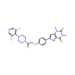Cn1c(=O)c2[nH]c(-c3ccc(OCC(=O)N4CCN(c5c(Cl)cncc5Cl)CC4)cc3)cc2n(C)c1=O ZINC000029059781
