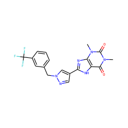 Cn1c(=O)c2[nH]c(-c3cnn(Cc4cccc(C(F)(F)F)c4)c3)nc2n(C)c1=O ZINC000008560063