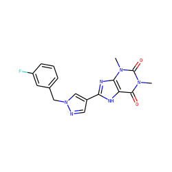 Cn1c(=O)c2[nH]c(-c3cnn(Cc4cccc(F)c4)c3)nc2n(C)c1=O ZINC000029056332