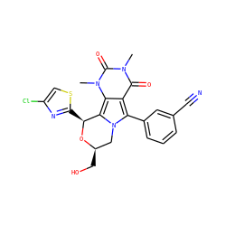 Cn1c(=O)c2c(-c3cccc(C#N)c3)n3c(c2n(C)c1=O)[C@H](c1nc(Cl)cs1)O[C@H](CO)C3 ZINC000209511479