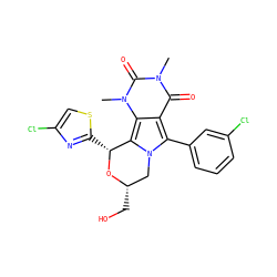 Cn1c(=O)c2c(-c3cccc(Cl)c3)n3c(c2n(C)c1=O)[C@@H](c1nc(Cl)cs1)O[C@@H](CO)C3 ZINC000209538444