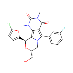 Cn1c(=O)c2c(-c3cccc(F)c3)n3c(c2n(C)c1=O)[C@H](c1ccc(Cl)o1)O[C@@H](CO)C3 ZINC000209536384