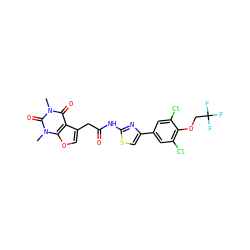 Cn1c(=O)c2c(CC(=O)Nc3nc(-c4cc(Cl)c(OCC(F)(F)F)c(Cl)c4)cs3)coc2n(C)c1=O ZINC000068247415