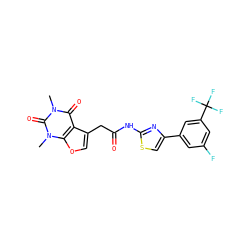 Cn1c(=O)c2c(CC(=O)Nc3nc(-c4cc(F)cc(C(F)(F)F)c4)cs3)coc2n(C)c1=O ZINC000139024929