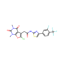 Cn1c(=O)c2c(CC(=O)Nc3nc(-c4ccc(C(F)(F)F)c(F)c4)cs3)c(Cl)oc2n(C)c1=O ZINC000140788119