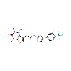 Cn1c(=O)c2c(CC(=O)Nc3nc(-c4ccc(C(F)(F)F)c(F)c4)cs3)coc2n(C)c1=O ZINC000068247412