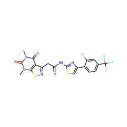 Cn1c(=O)c2c(CC(=O)Nc3nc(-c4ccc(C(F)(F)F)cc4F)cs3)nsc2n(C)c1=O ZINC000068246214
