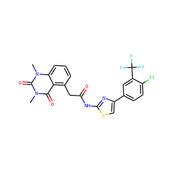 Cn1c(=O)c2c(CC(=O)Nc3nc(-c4ccc(Cl)c(C(F)(F)F)c4)cs3)cccc2n(C)c1=O ZINC000117162079