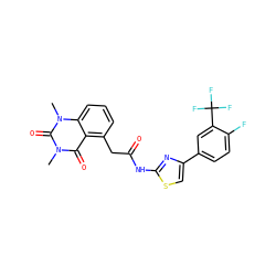 Cn1c(=O)c2c(CC(=O)Nc3nc(-c4ccc(F)c(C(F)(F)F)c4)cs3)cccc2n(C)c1=O ZINC000117156951