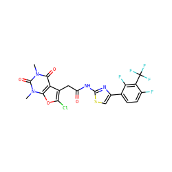 Cn1c(=O)c2c(CC(=O)Nc3nc(-c4ccc(F)c(C(F)(F)F)c4F)cs3)c(Cl)oc2n(C)c1=O ZINC000140779126