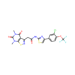 Cn1c(=O)c2c(CC(=O)Nc3nc(-c4ccc(OC(F)(F)F)c(Cl)c4)cs3)nsc2n(C)c1=O ZINC000116860538