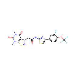 Cn1c(=O)c2c(CC(=O)Nc3nc(-c4ccc(OC(F)(F)F)c(F)c4)cs3)nsc2n(C)c1=O ZINC000116860588