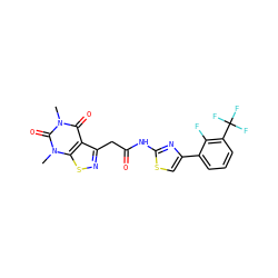 Cn1c(=O)c2c(CC(=O)Nc3nc(-c4cccc(C(F)(F)F)c4F)cs3)nsc2n(C)c1=O ZINC000068246215