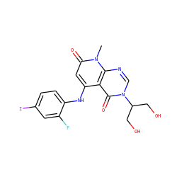 Cn1c(=O)cc(Nc2ccc(I)cc2F)c2c(=O)n(C(CO)CO)cnc21 ZINC000096167558