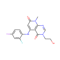 Cn1c(=O)cc(Nc2ccc(I)cc2F)c2c(=O)n(CCO)cnc21 ZINC000066078218