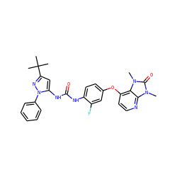 Cn1c(=O)n(C)c2c(Oc3ccc(NC(=O)Nc4cc(C(C)(C)C)nn4-c4ccccc4)c(F)c3)ccnc21 ZINC000049802317
