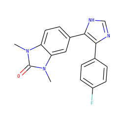 Cn1c(=O)n(C)c2cc(-c3[nH]cnc3-c3ccc(F)cc3)ccc21 ZINC000014958450