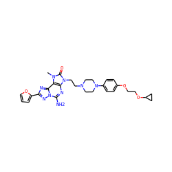 Cn1c(=O)n(CCN2CCN(c3ccc(OCCOC4CC4)cc3)CC2)c2nc(N)n3nc(-c4ccco4)nc3c21 ZINC000148691107