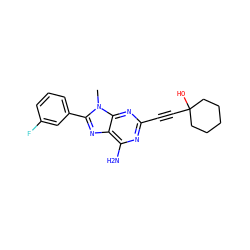 Cn1c(-c2cccc(F)c2)nc2c(N)nc(C#CC3(O)CCCCC3)nc21 ZINC000013861450