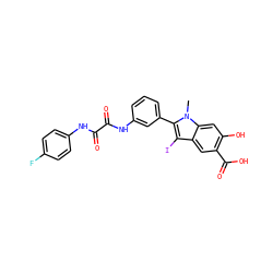 Cn1c(-c2cccc(NC(=O)C(=O)Nc3ccc(F)cc3)c2)c(I)c2cc(C(=O)O)c(O)cc21 ZINC000221065482